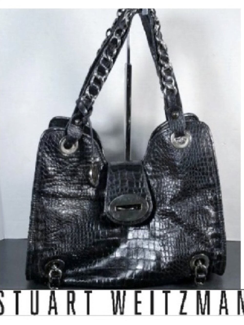 $895 Stuart Weitzman Black Genuine Snakeskin Python Leather Tote Shoulder Bag